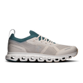 Women's running shoes, pearl mesh with teal trim and Cloud-style cushioned sole.
