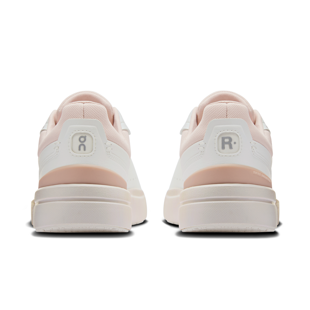 Women's On sneakers heel view: white panels with rose heel counters and trim