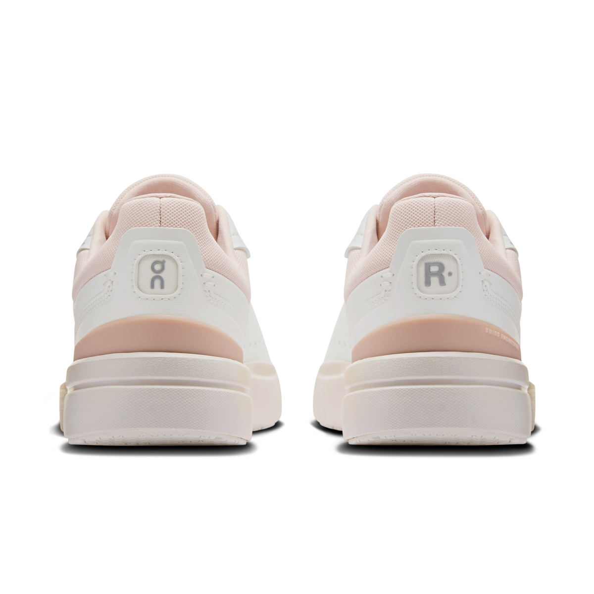 Women's On sneakers heel view: white panels with rose heel counters and trim