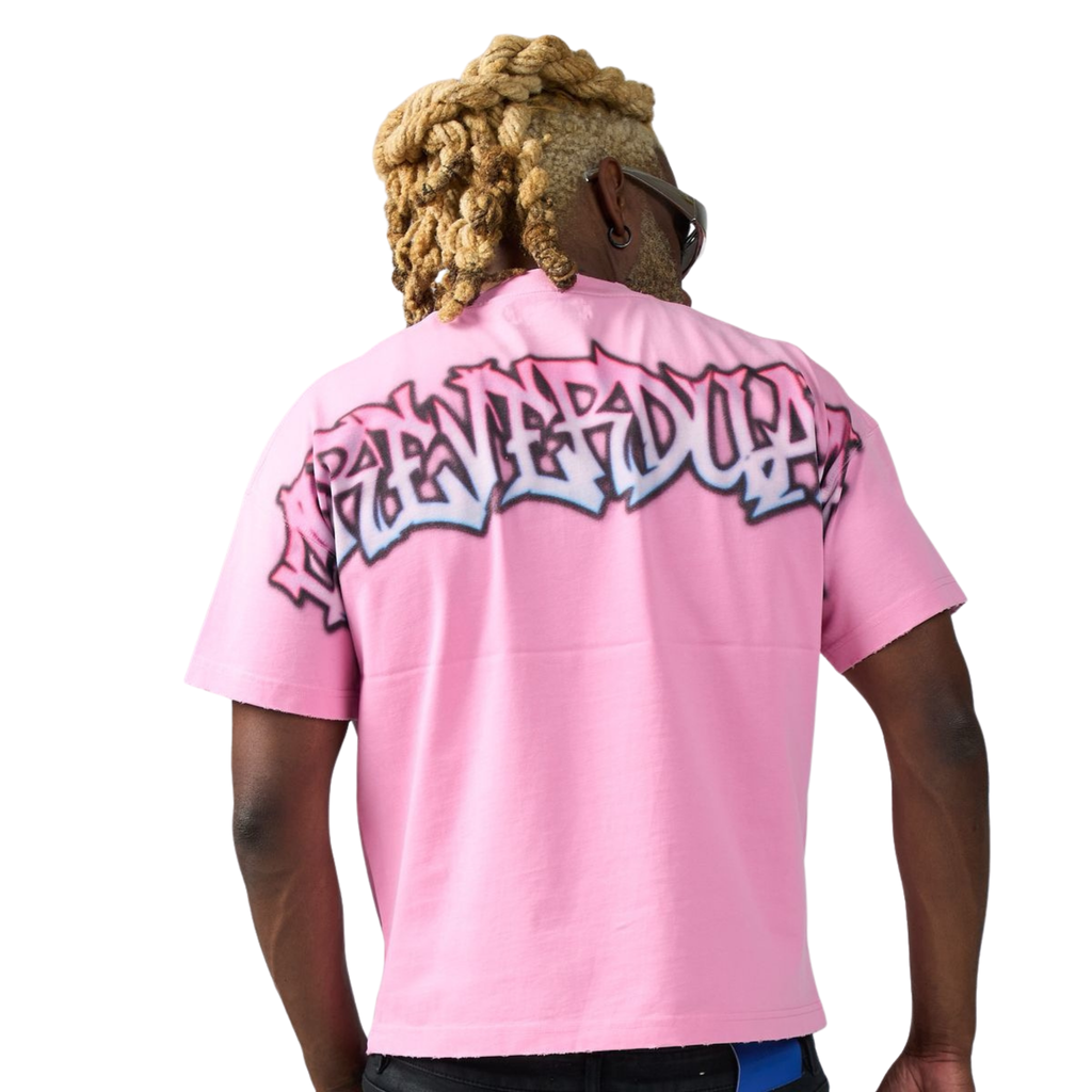 Men's pink graphic T-shirt with back alien lettering print
