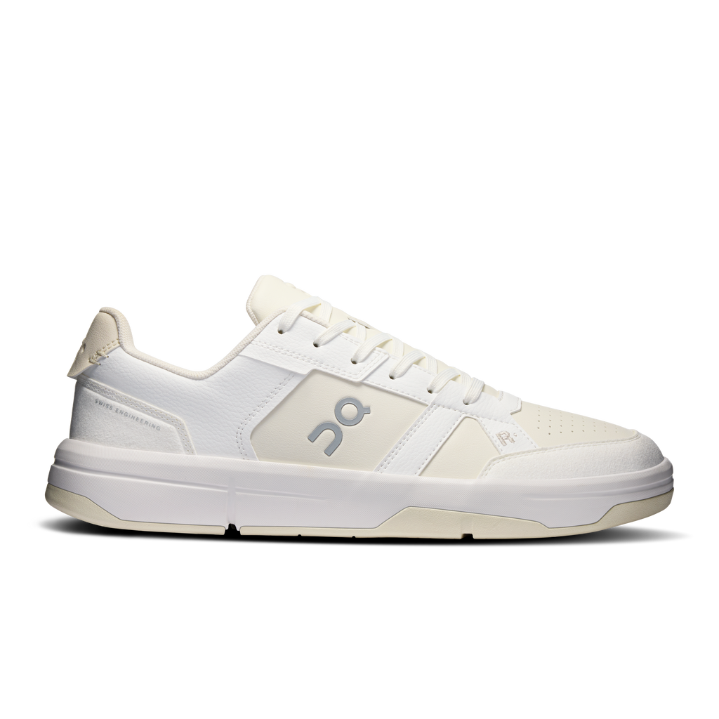 Men's white lace-up sneakers with On logo and light beige side panels