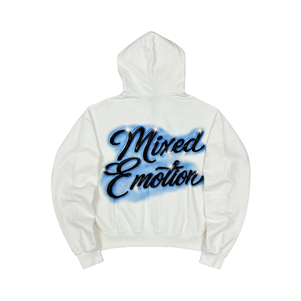 White men’s zip hoodie with back blue script graphic and hood