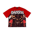Men's red graphic garage T-shirt with Monster-style front scene print