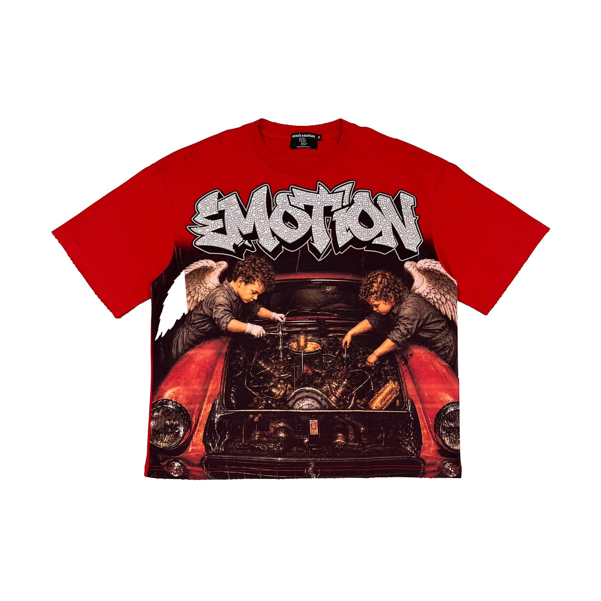 Men's red graphic garage T-shirt with Monster-style front scene print