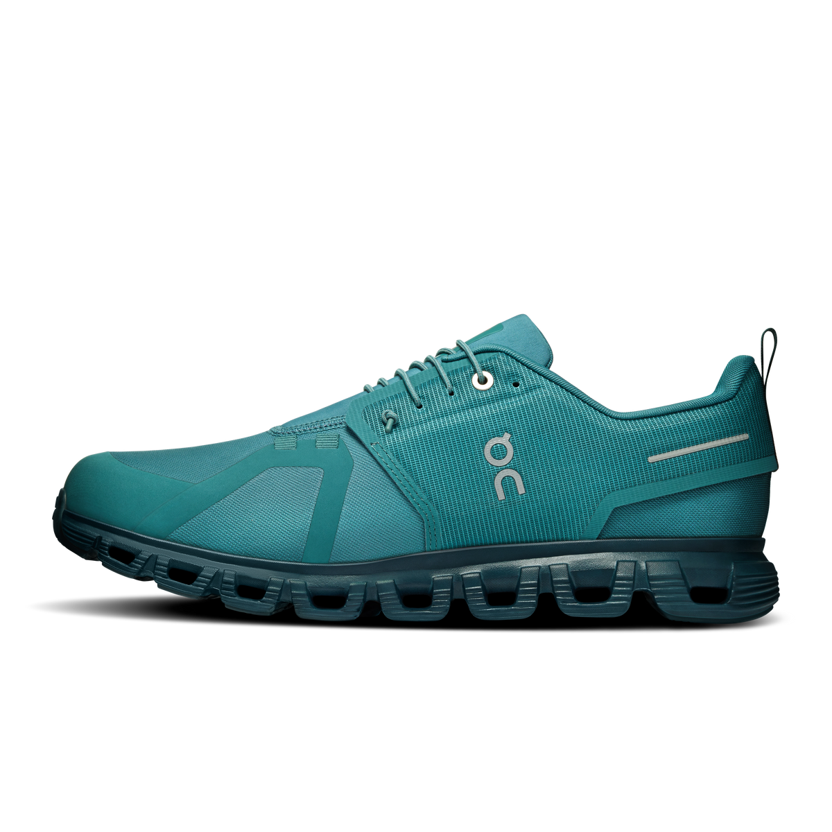 Men's waterproof running shoes, teal fabric upper with lace-up closure and CloudTec sole