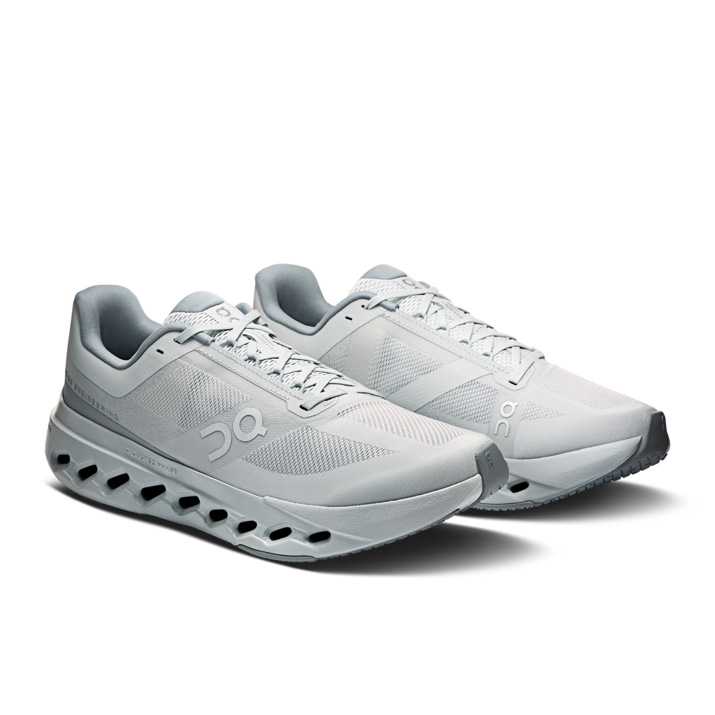 Men's On running shoes pair, light gray knit upper with lace-up closure