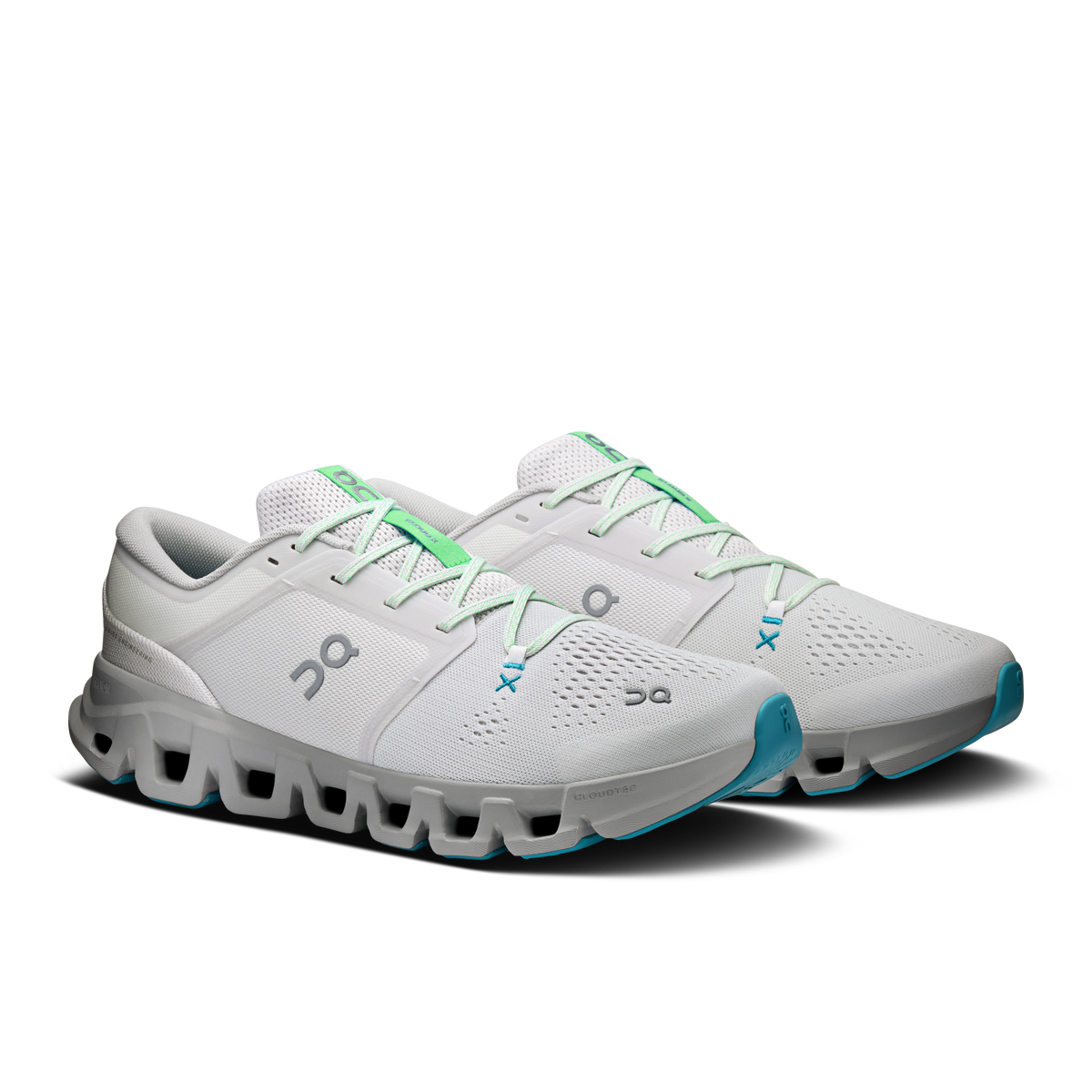 Men's On Cloud X 5 shoes, light gray mesh with green laces and teal sole