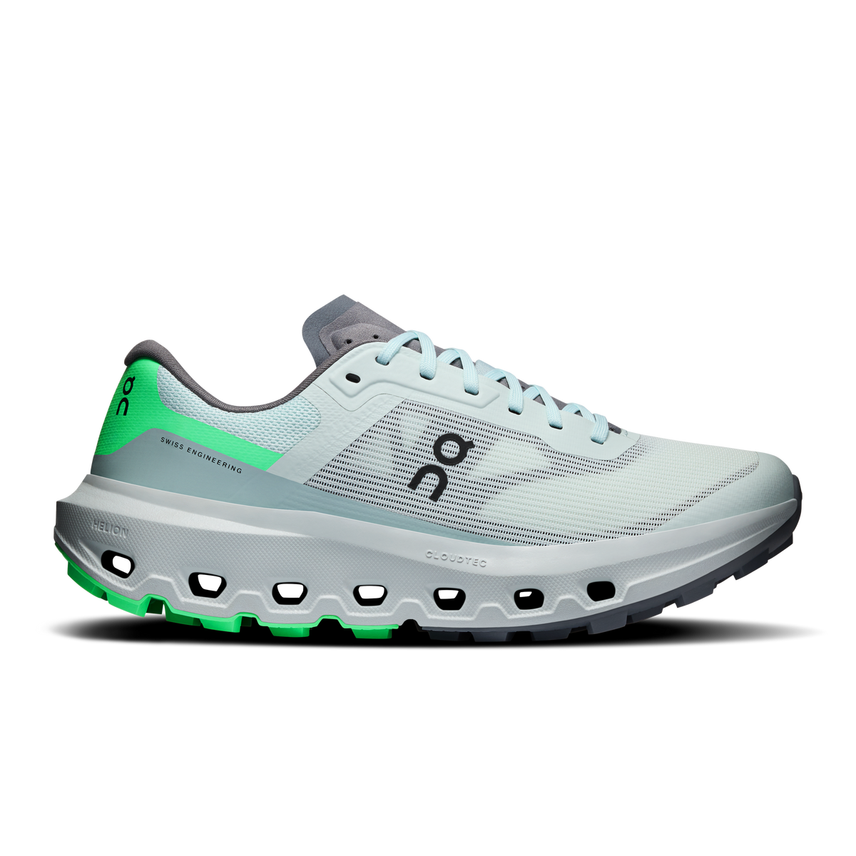 On Cloudvista 3 women's running shoes, white with teal and green accents, lace-up