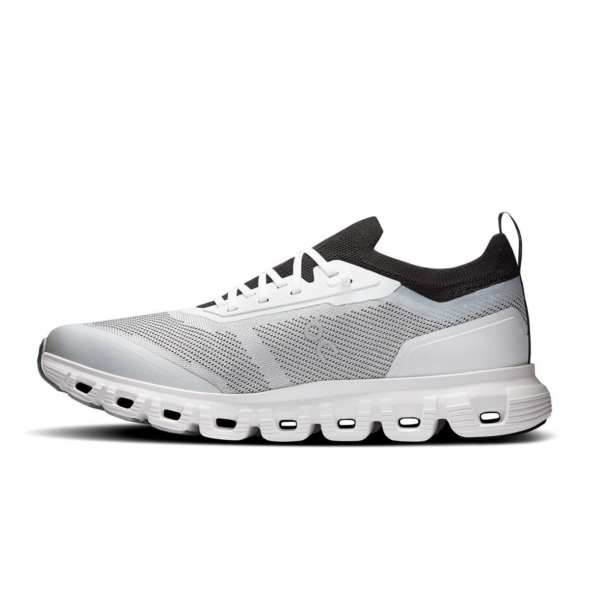 Women’s white/black lace-up running sneaker, front angled view with CloudTec midsole