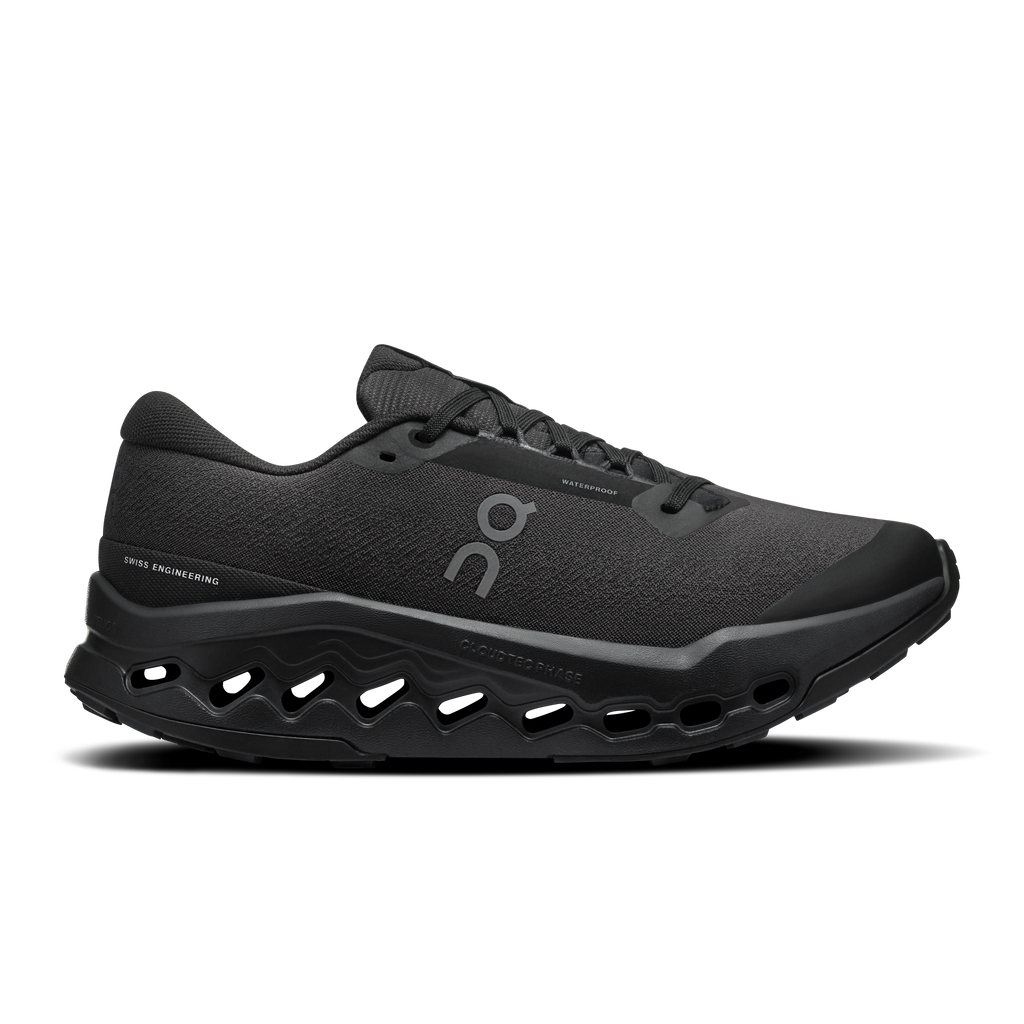 Black waterproof trail running shoes, lace-up with On logo and cushioned sole