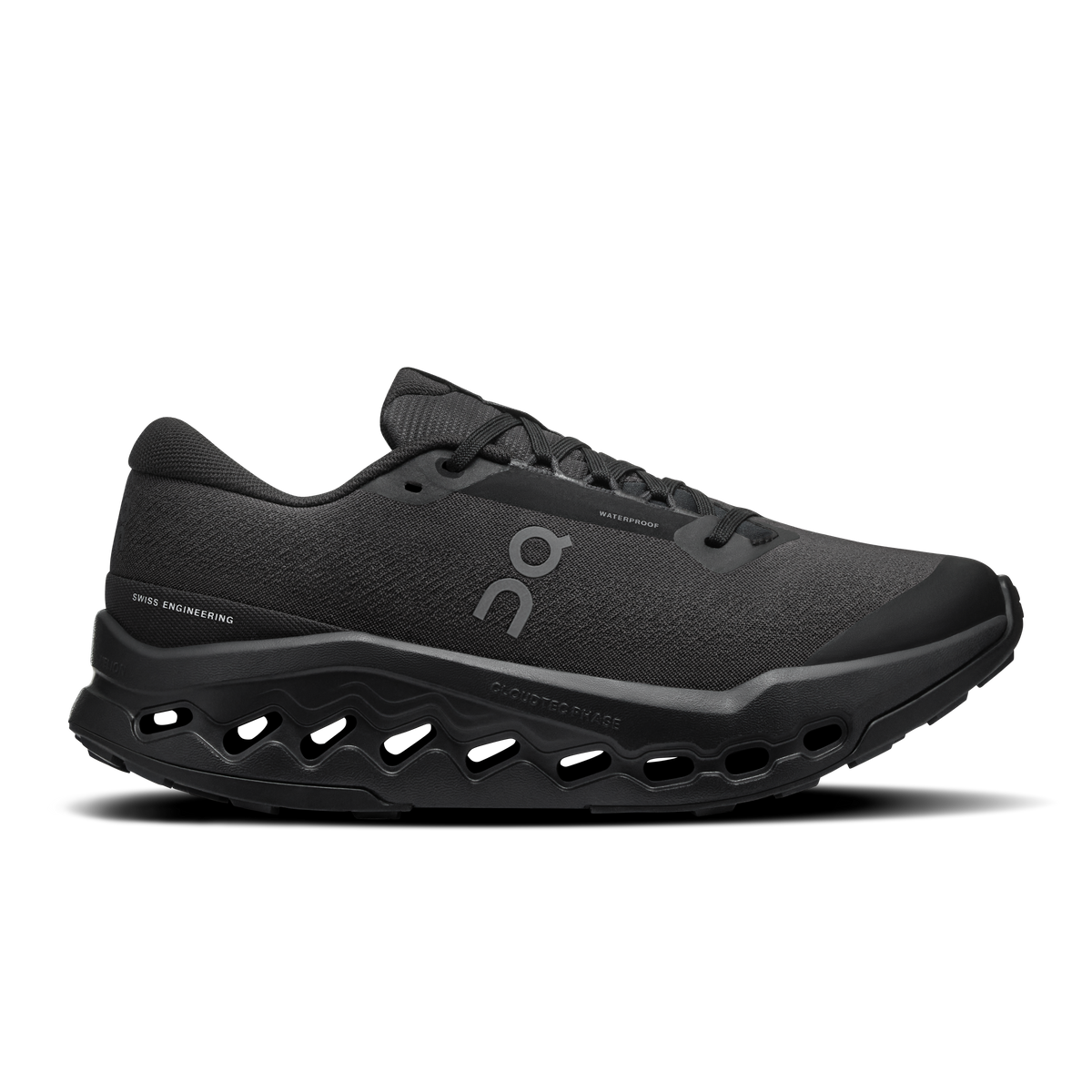 Black waterproof trail running shoes, lace-up with On logo and cushioned sole