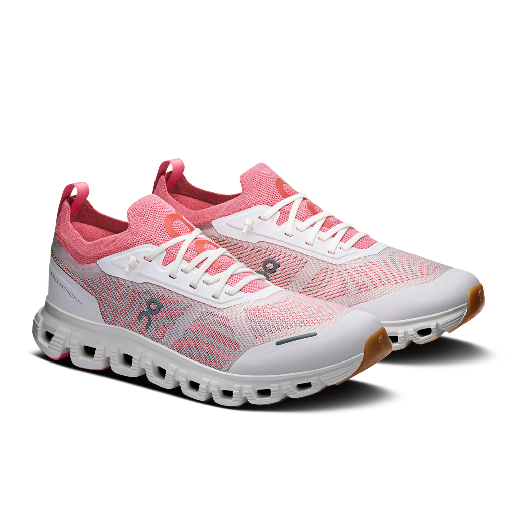 Women's running shoes, pink upper with white laces and textured CloudTec sole