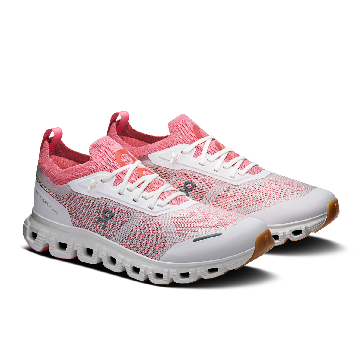 Women's running shoes, pink upper with white laces and textured CloudTec sole