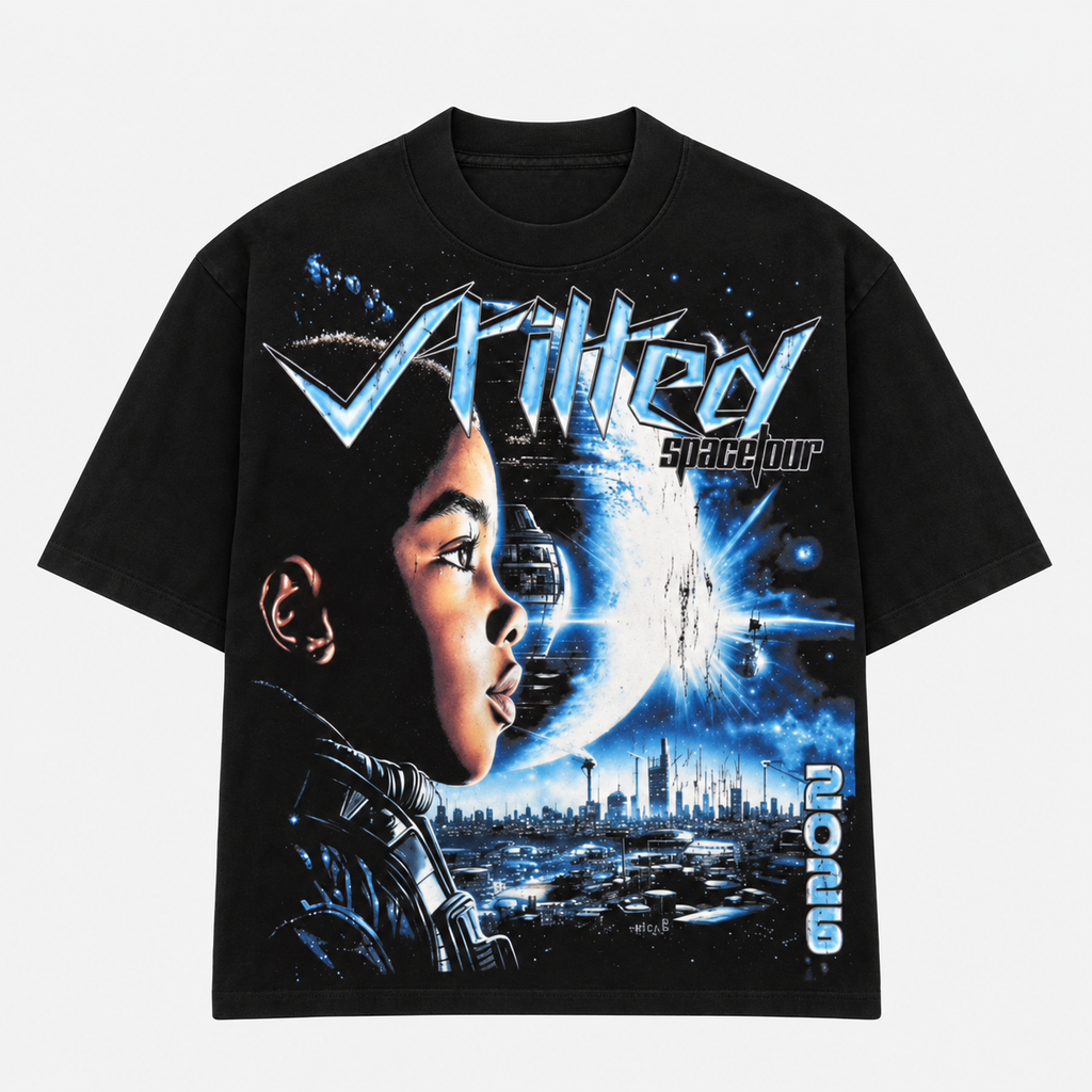 Jet black graphic T-shirt with blue sci-fi face and city scene, crew neck