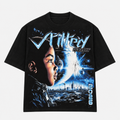 Jet black graphic T-shirt with blue sci-fi face and city scene, crew neck