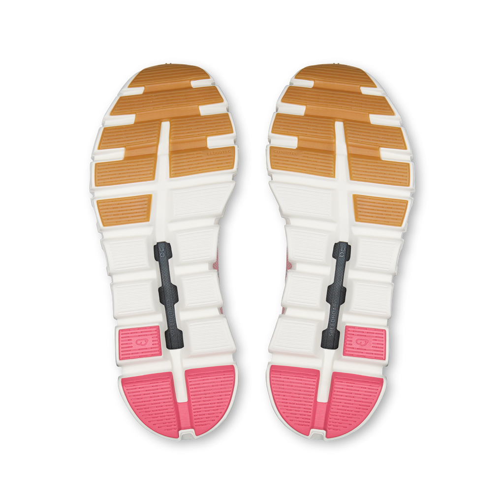Shoe outsoles with orange tread and pink accents, white traction panels