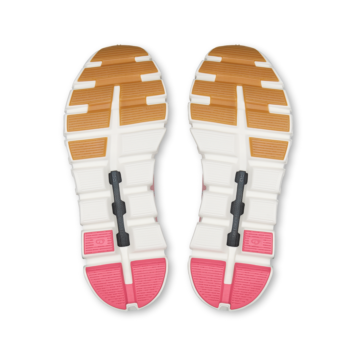 Shoe outsoles with orange tread and pink accents, white traction panels