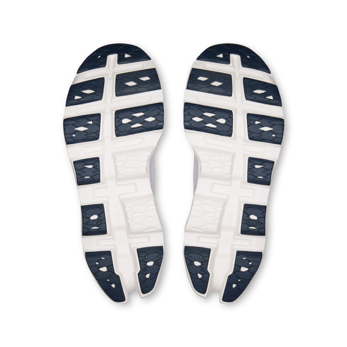 Pair of running shoe outsoles, white tread with dark blue geometric pattern