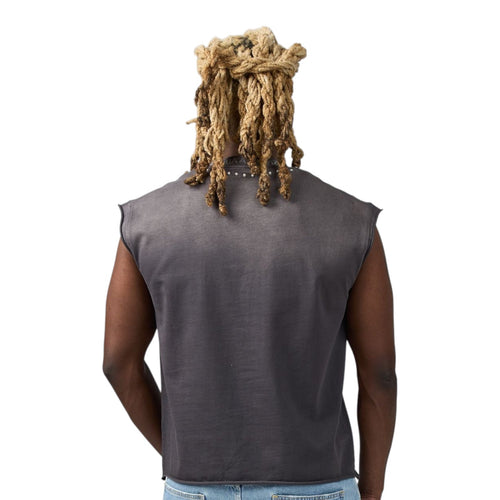 Men's grey sleeveless cutoff T-shirt, plain back view