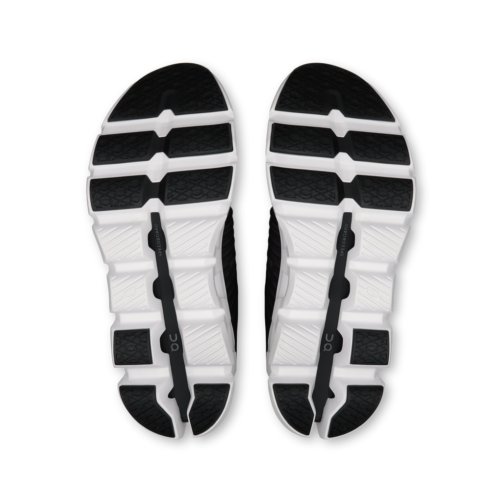 Women's running shoe outsoles, grippy tread with white midsole and black sections