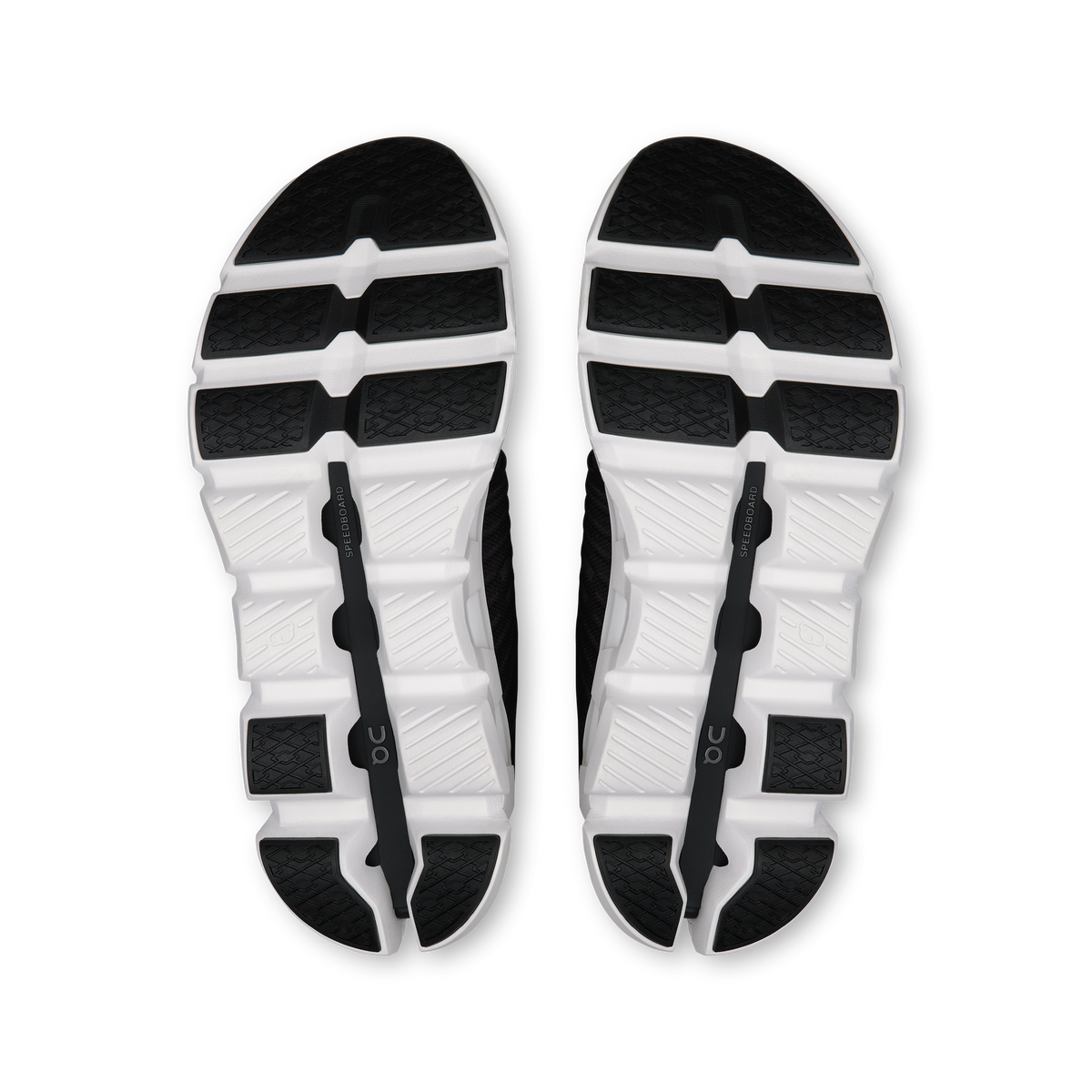 Women's running shoe outsoles, grippy tread with white midsole and black sections