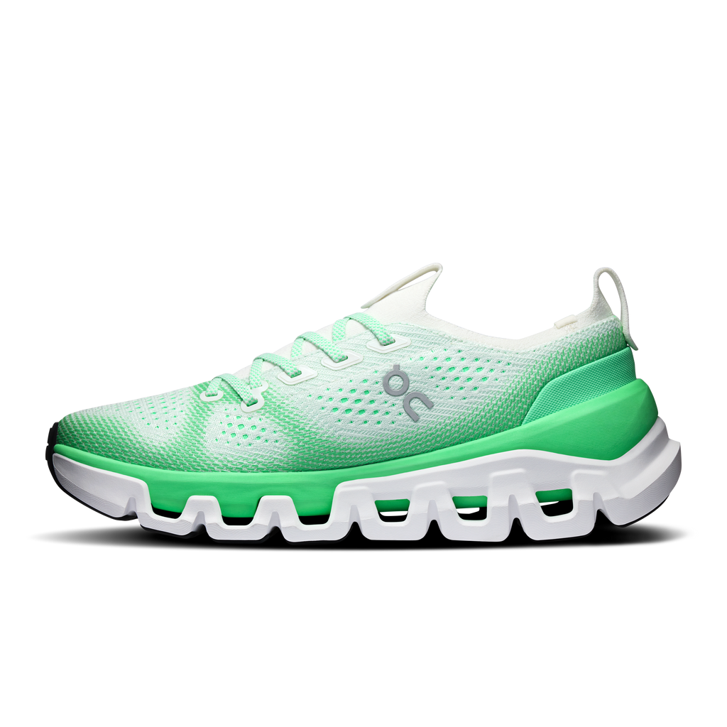 Men's running shoes with green gradient upper, ivory laces, thick white outsole