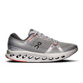 Men's running shoes in gray knit with white sole, lace-up, orange accents.