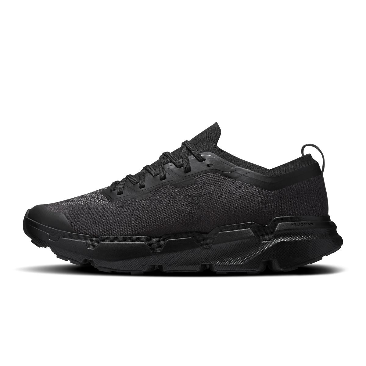 On men's black lace-up running shoes with grippy midsole and streamlined upper