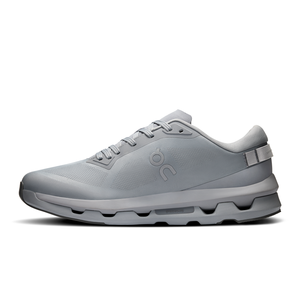 Men's light gray running shoe, lace-up mesh upper, padded collar, CloudTec sole
