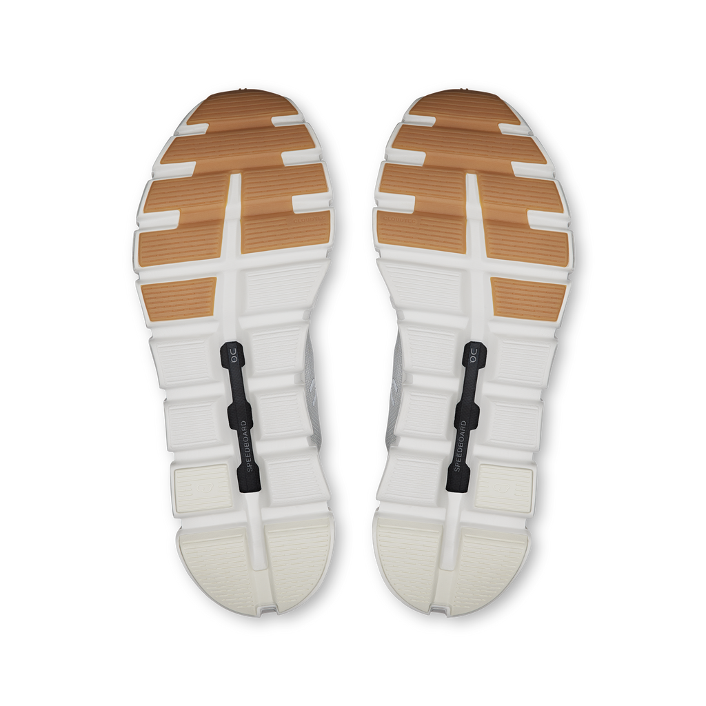 Shoe outsoles with brown tread blocks, black grip pads, and white Cloud sole base