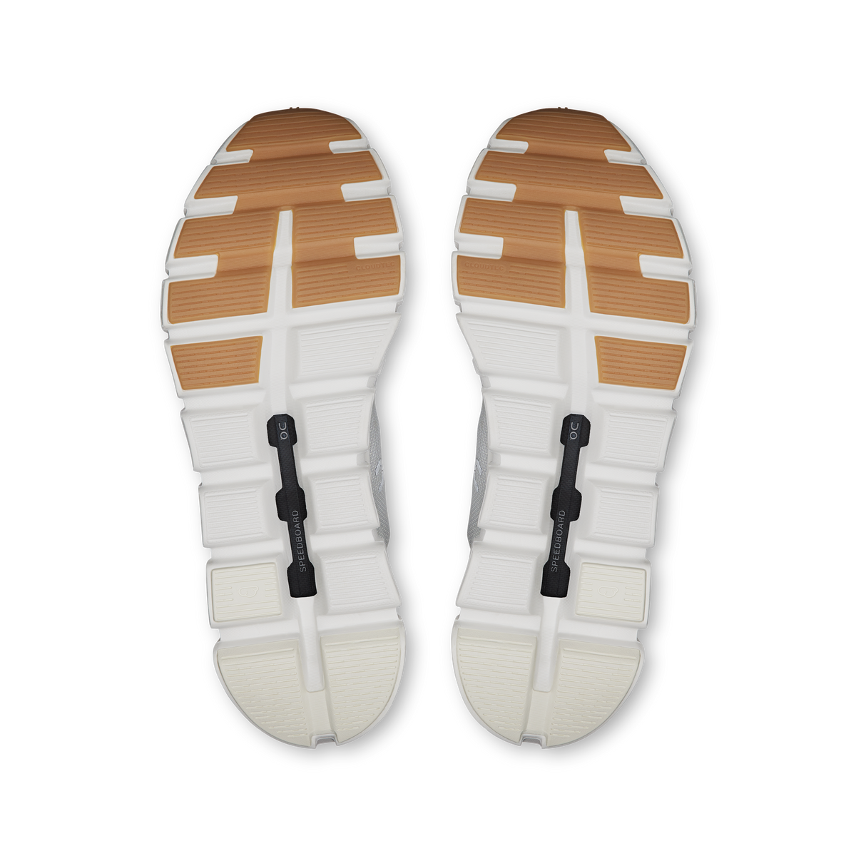 Shoe outsoles with brown tread blocks, black grip pads, and white Cloud sole base