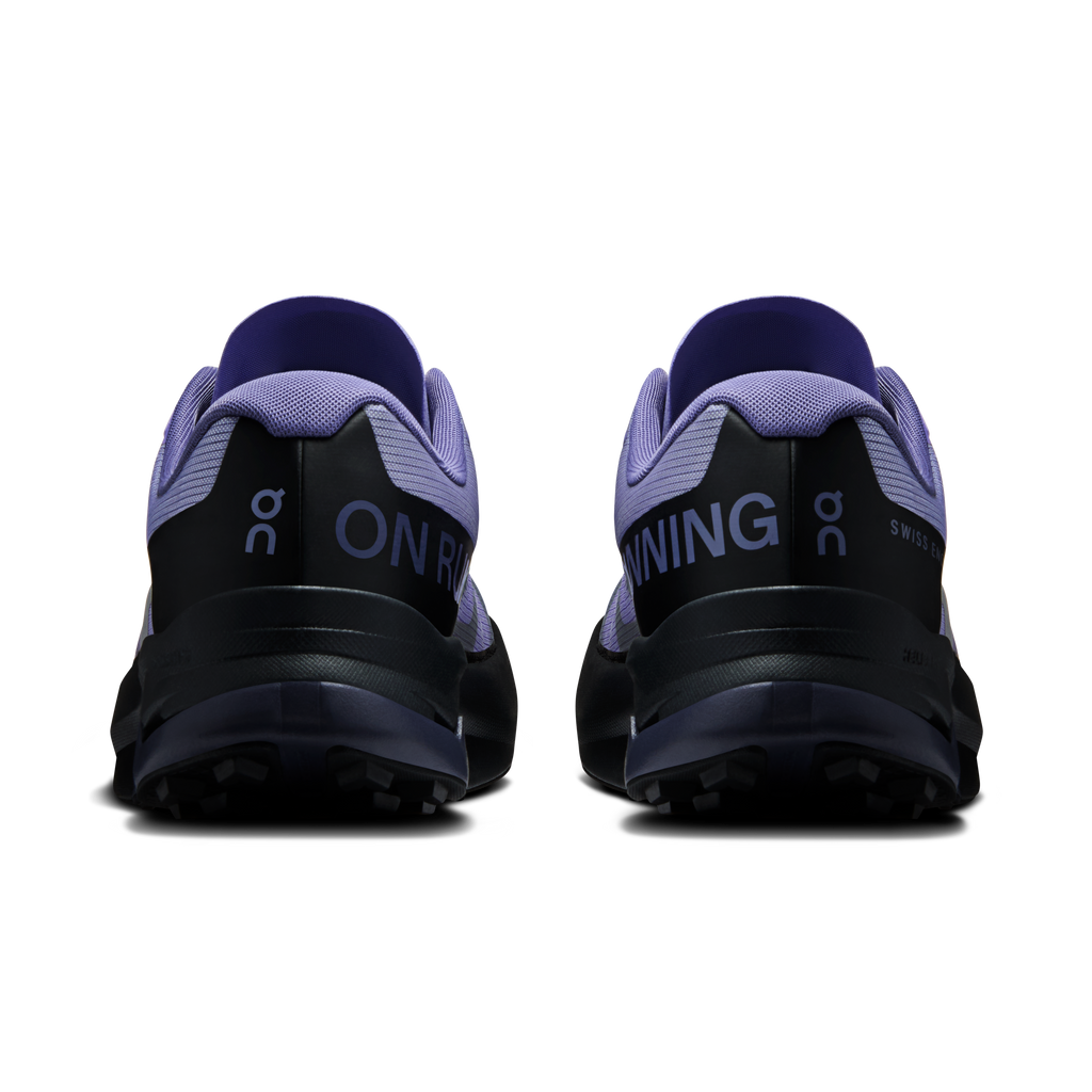 Men's On running shoes rear view, purple heels with ON branding and black outsole