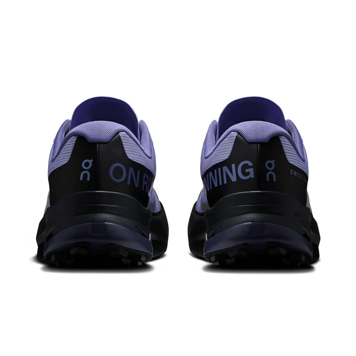 Men's On running shoes rear view, purple heels with ON branding and black outsole