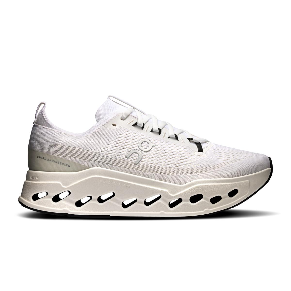 Men's white running shoes with black CloudTec pods and lace-up front
