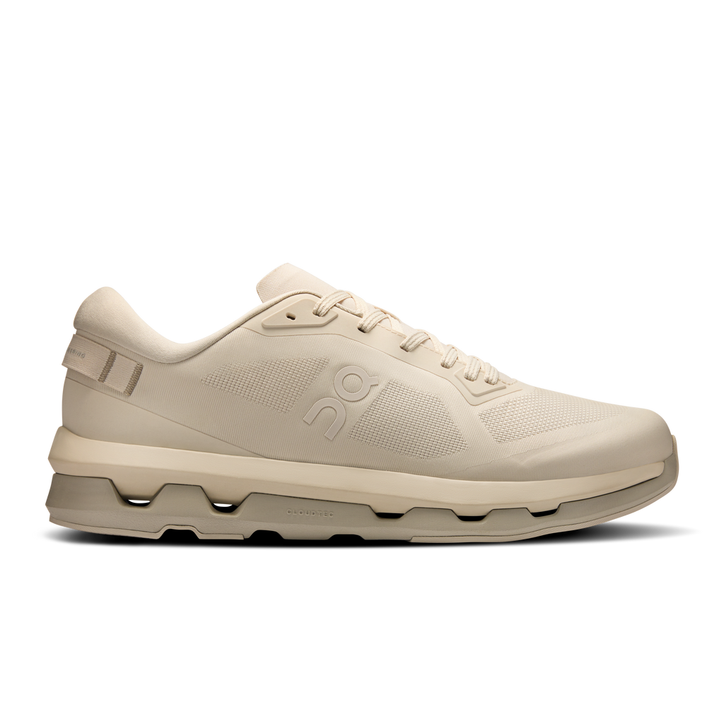 On Cloudzone running shoes in light cream, lace-up design, cushioned sole