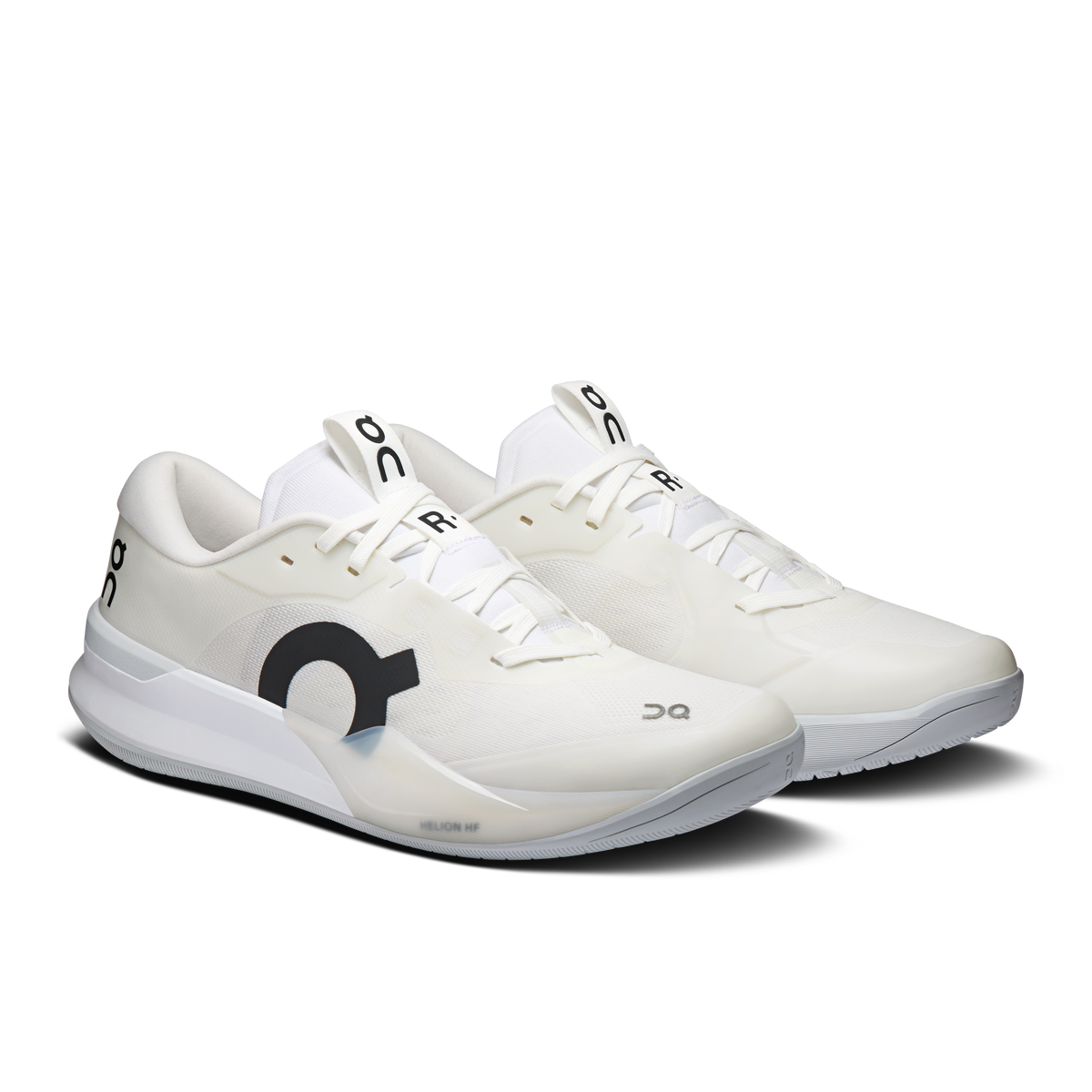 Men's white running shoes, angled view, lace-up with large side On logo