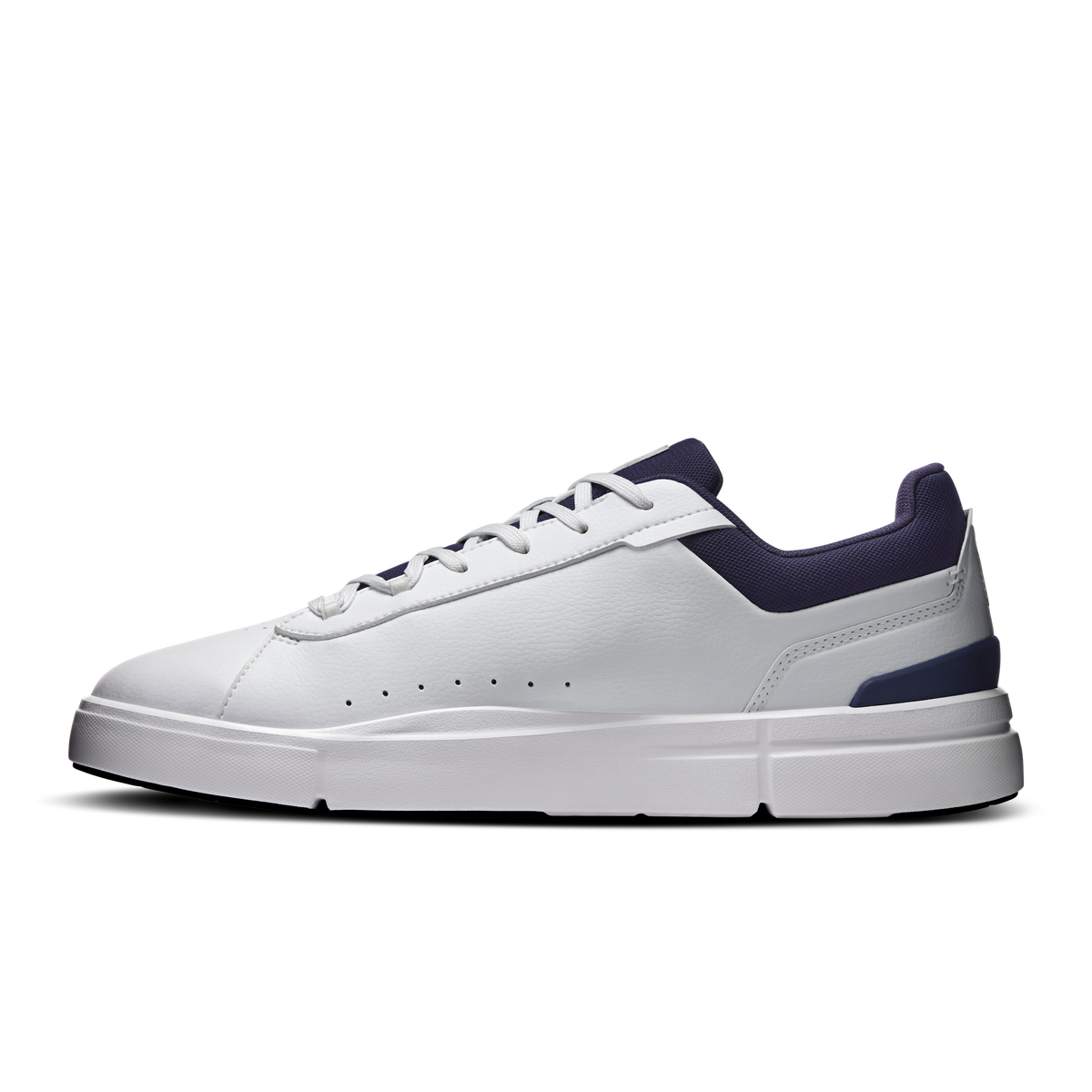 White leather-look sneakers with midnight blue heel panel and perforated toe, lace-up
