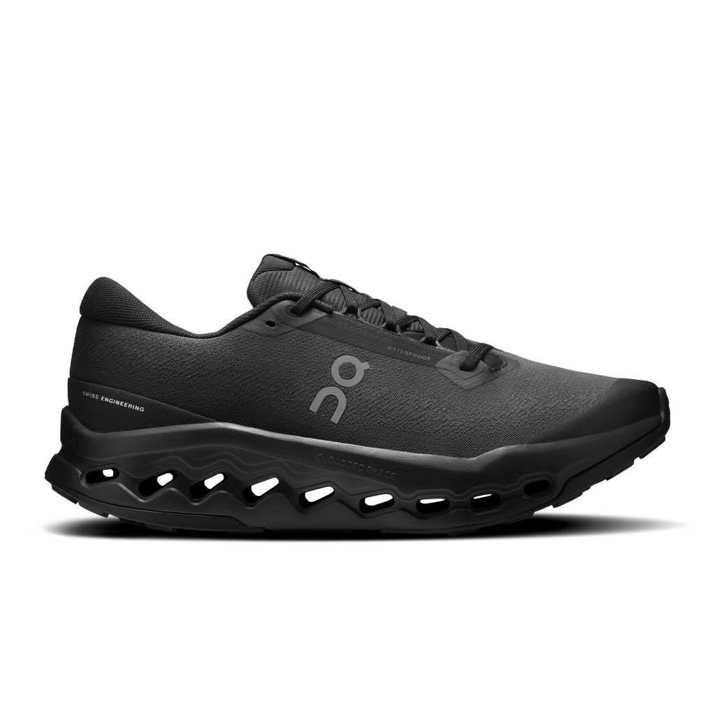 Men's black waterproof trail running shoes with CloudTec pods and lace-up upper