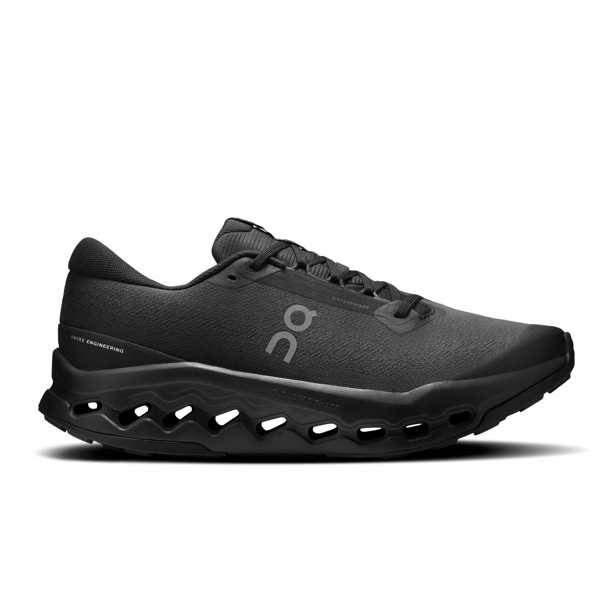Men's black waterproof trail running shoes with CloudTec pods and lace-up upper