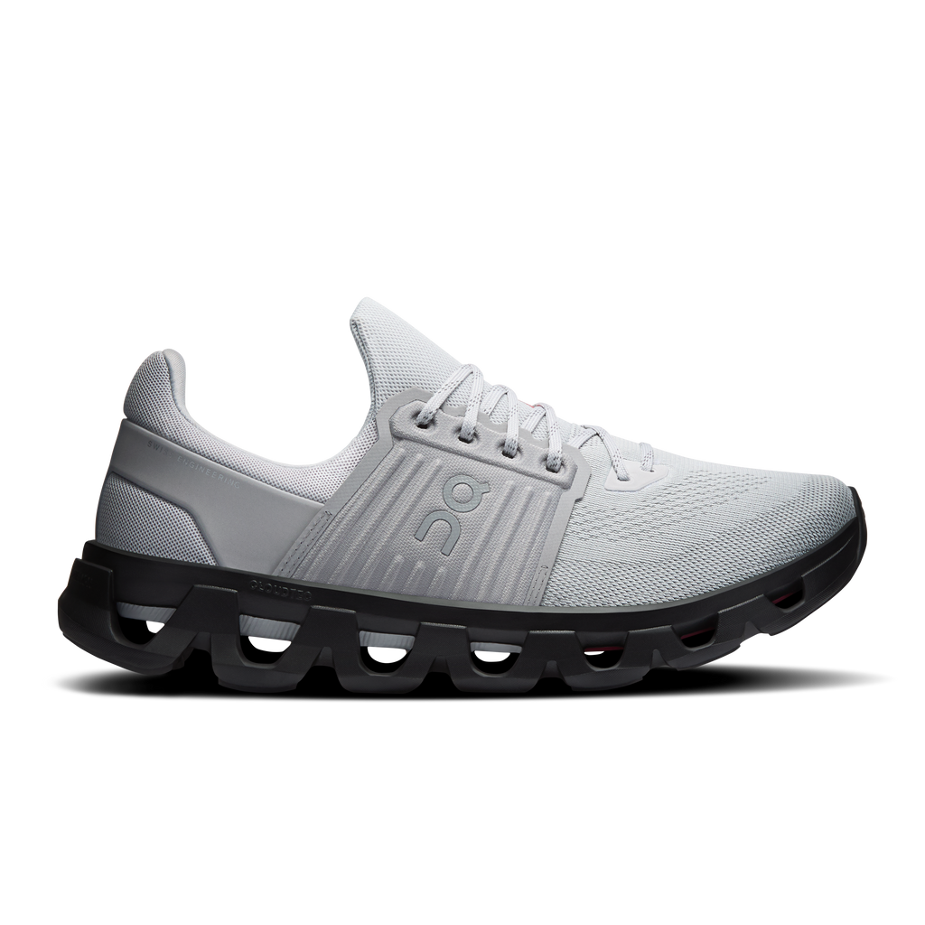 Men's running shoes, light gray knit upper with black Cloud-style sole