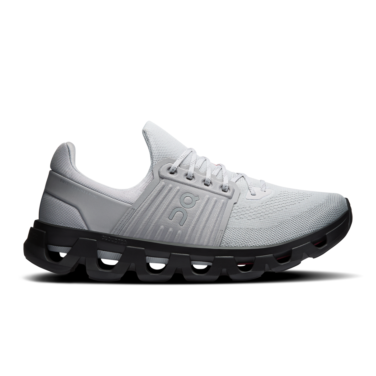 Men's running shoes, light gray knit upper with black Cloud-style sole