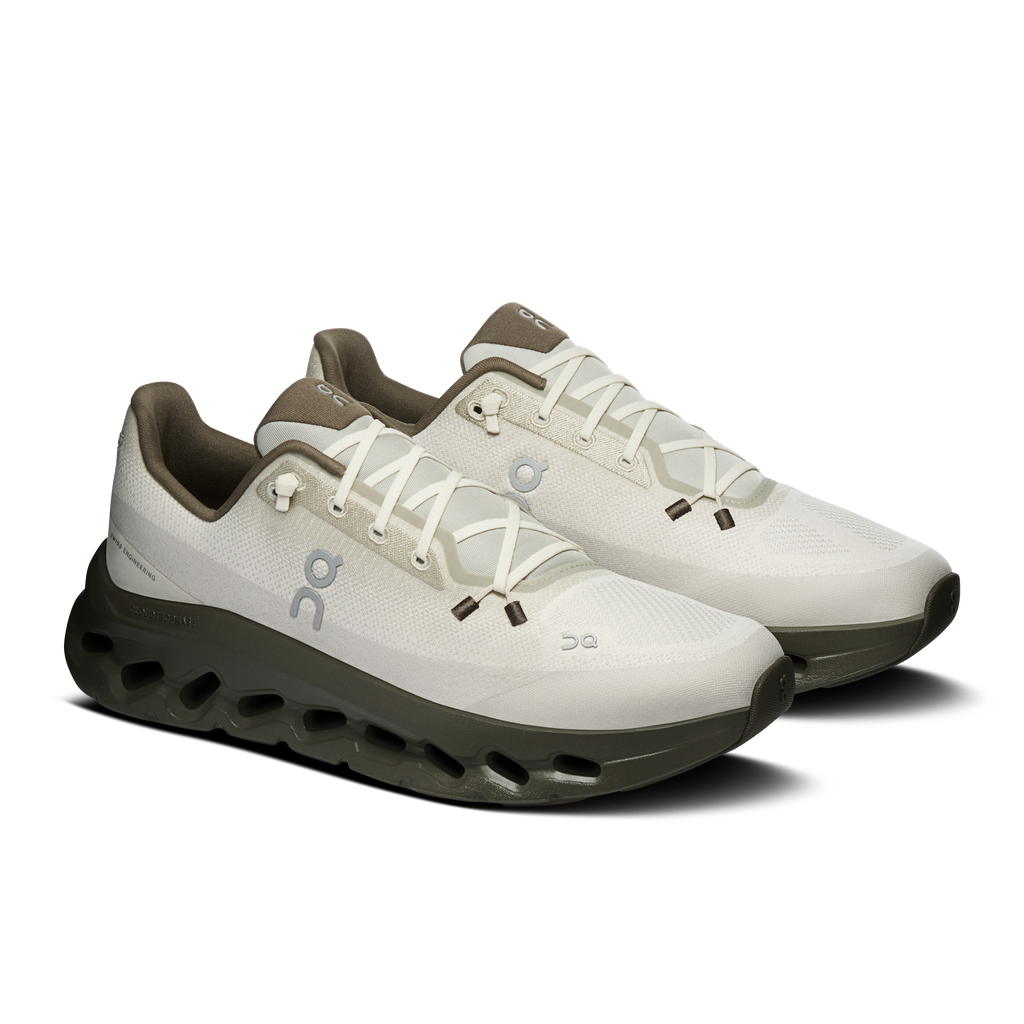 Men's lace-up running shoes, off-white upper with dark olive accents and CloudTec sole