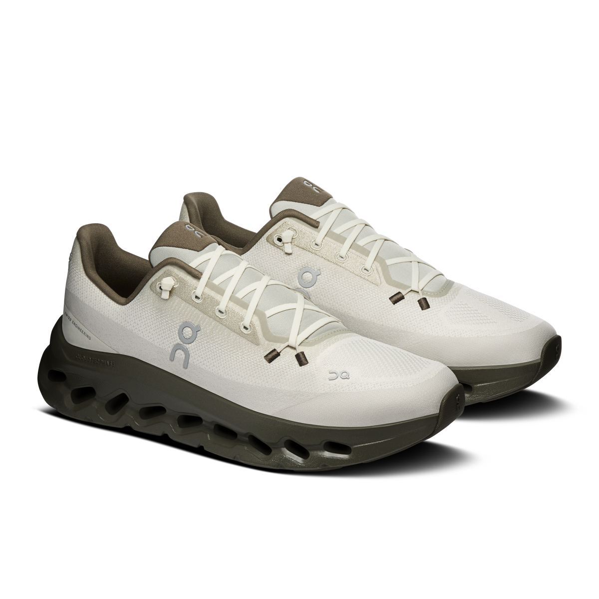 Men's lace-up running shoes, off-white upper with dark olive accents and CloudTec sole