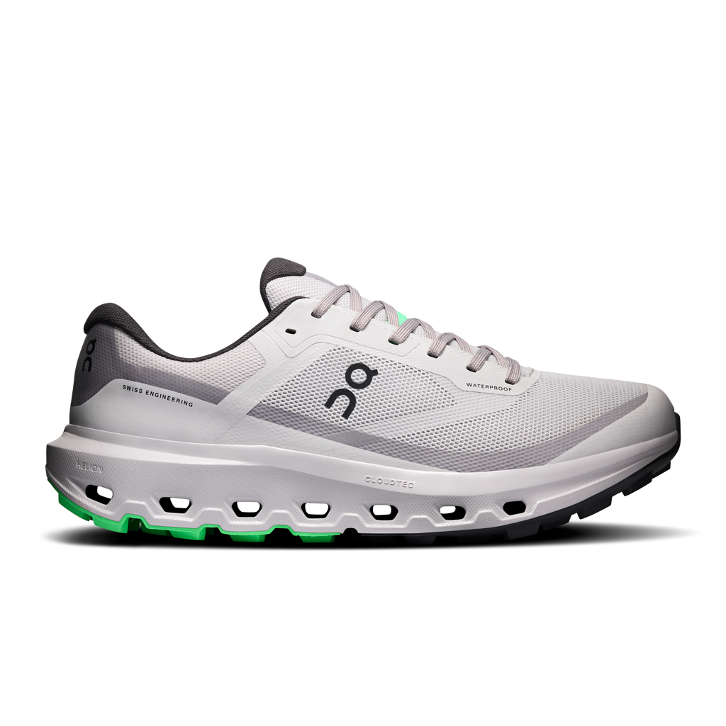 Men's waterproof running shoes, silver knit upper with green traction pods, lace-up