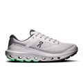 Men's waterproof running shoes, silver knit upper with green traction pods, lace-up