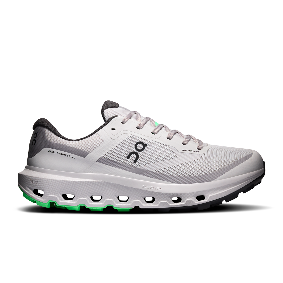 Men's waterproof running shoes, silver knit upper with green traction pods, lace-up