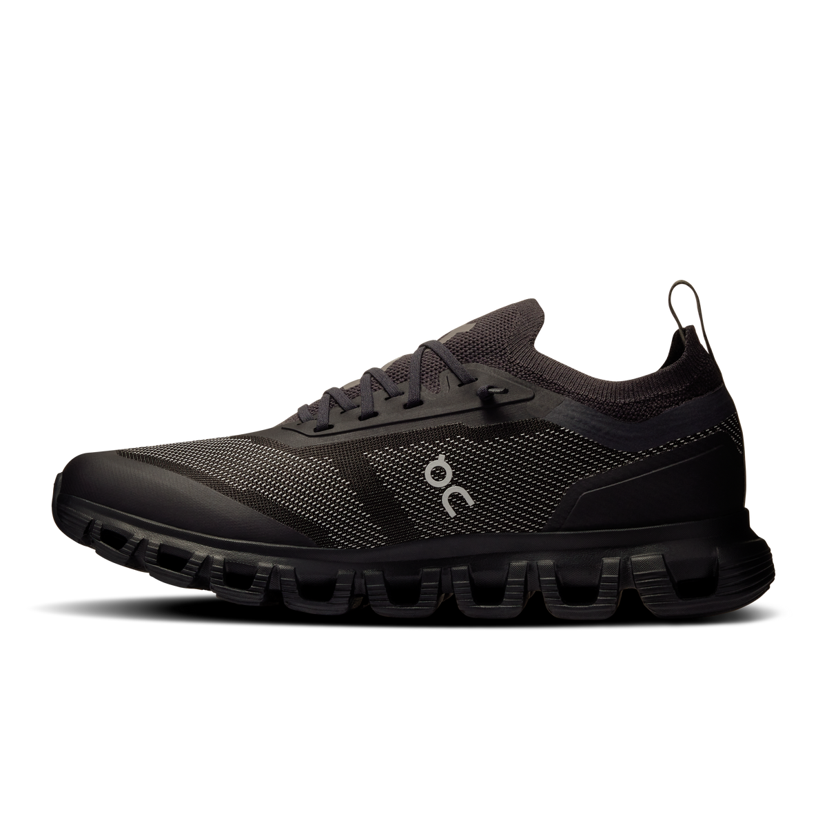 Women\u2019s black running shoes, side profile with lace-up mesh upper and logo
