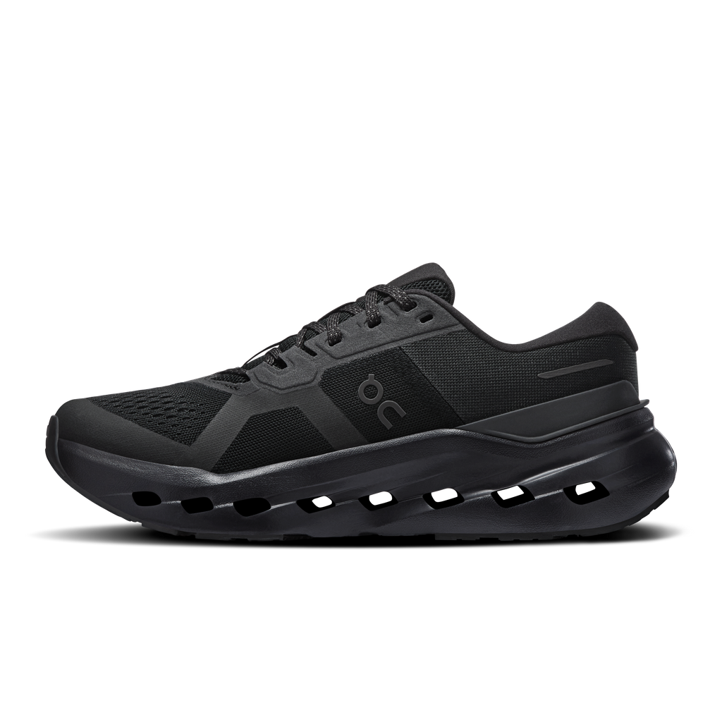 Men's Cloudrunner 3 running shoes in black, front side view with laces and On logo