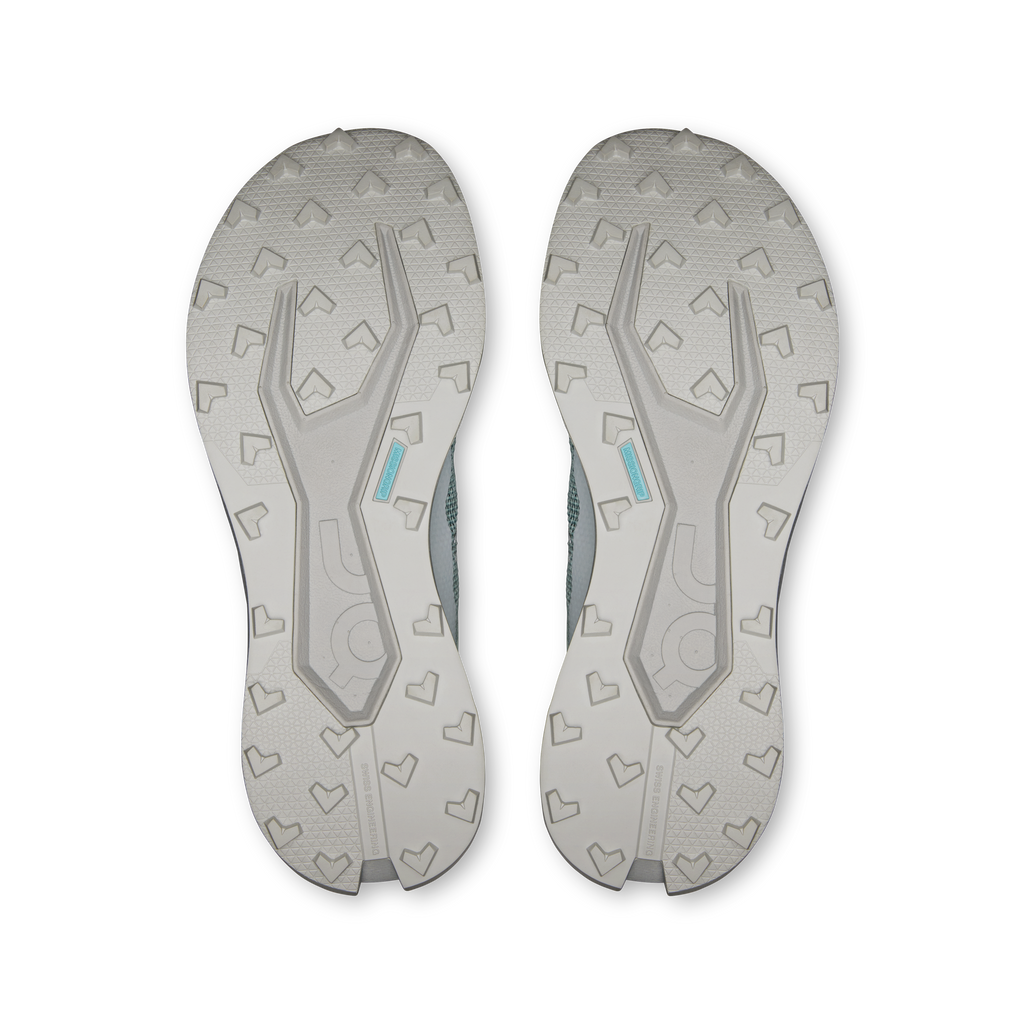Men's running shoes outsoles, light blue-gray patterned tread on both soles