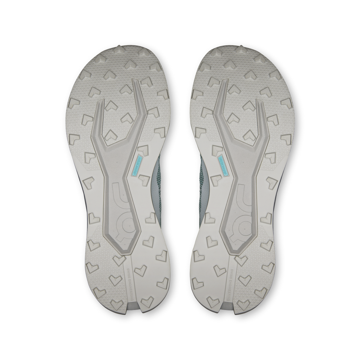 Men's running shoes outsoles, light blue-gray patterned tread on both soles